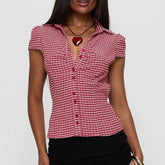 BXOXO Women's Summer Retro Casual Plaid Short Sleeve Top Fashion Trim Top Summer Fashion Slim Fit Shirt Blouse Streetwear